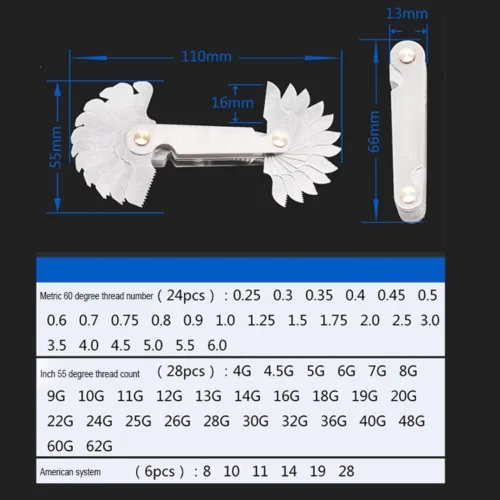 Medidor de Paso para Roscas, 60 Grados Métricos/ 55 Grados Americanos